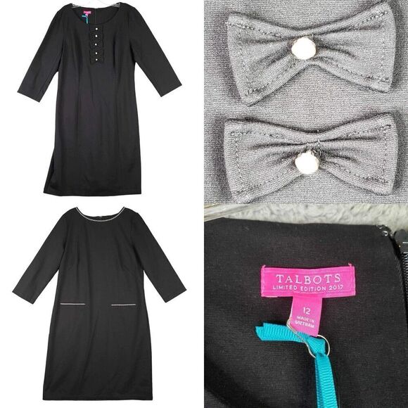 Talbots Dress Sheath Womens Size 12 Black Long Sleeve Bow Midi New - Picture 1 of 9